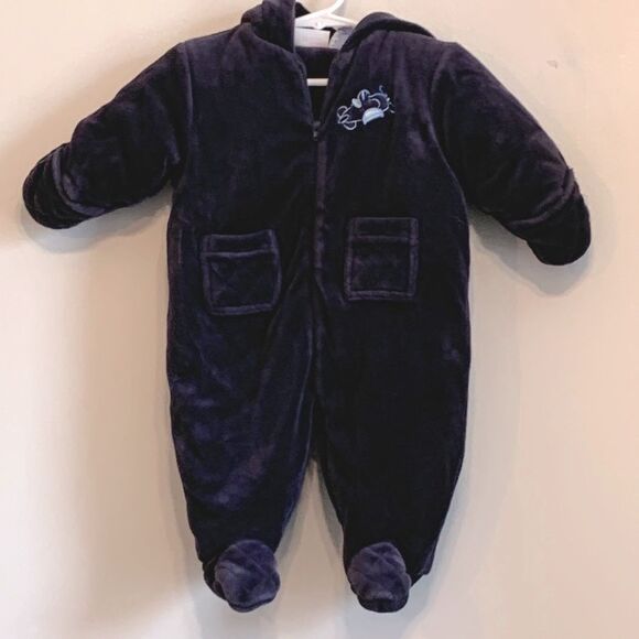 MINIWEAR | Infant Boys Navy Blue Hooded Velour Winter Snowsuit Coat - Picture 1 of 8